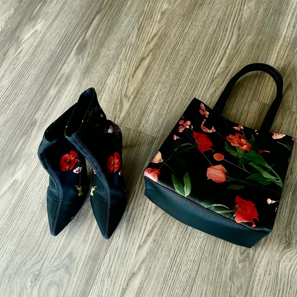 Ted Baker Black Tote with Red Floral Design